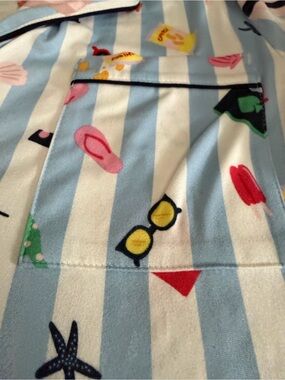 kate spade Blue and White Striped Pajama Top with Multicolor Beach Print
